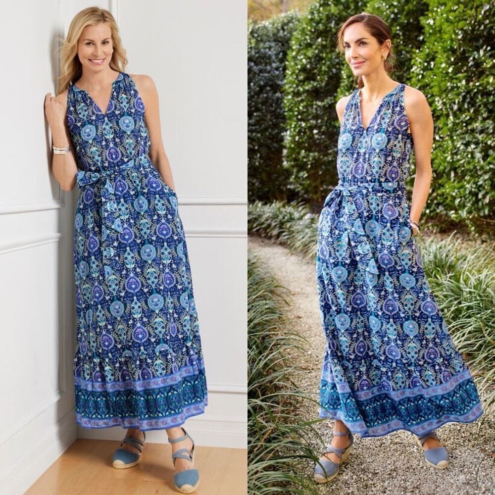 Talbots Floret Medallion Tie Waist Maxi Dress Blue Size18W - Picture 11 of 11